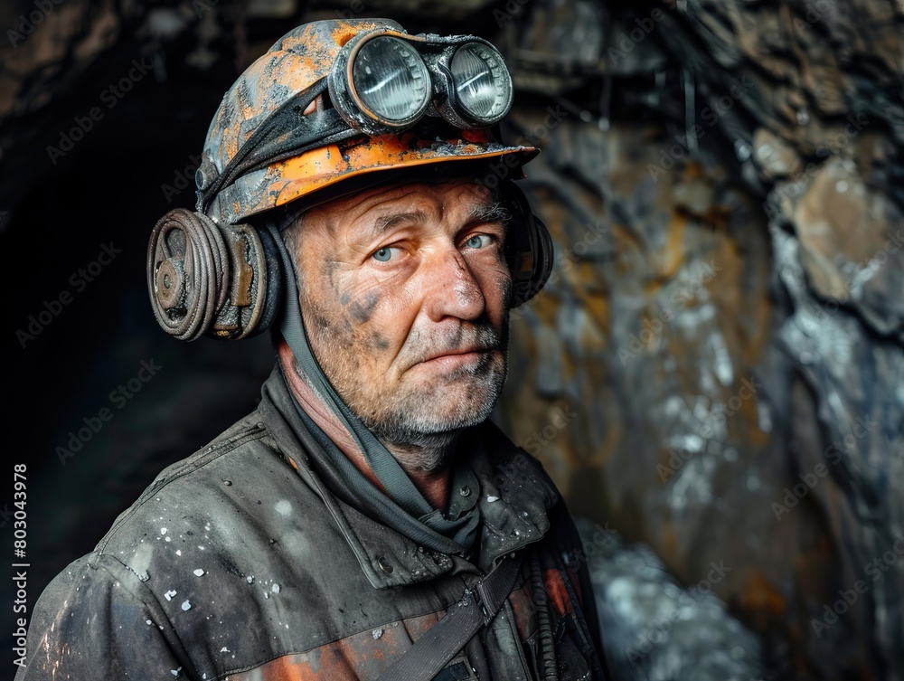 Fototapeta premium Authentic image of a miner working in a dark coal mine environment