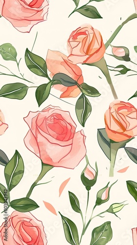 Botanical watercolor seamless pattern with roses in pastel tone illustrations
