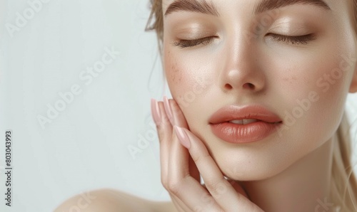 Beautiful woman touching her face with perfect skin on white background  beauty and spa concept