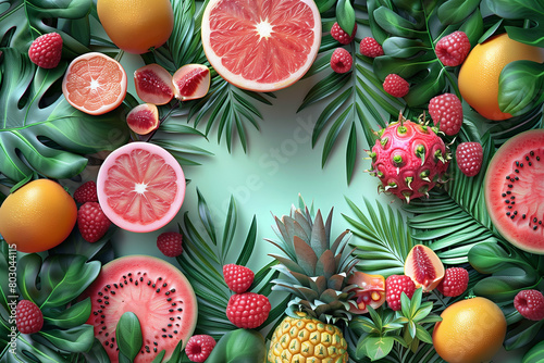 Beautiful summer frame, posters and banners with fruits, 3d, illustration