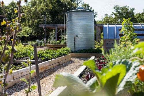 A large metal tank collecting rainwater from a sloped roof. A pipe diverts the water towards raised garden beds in the foreground.