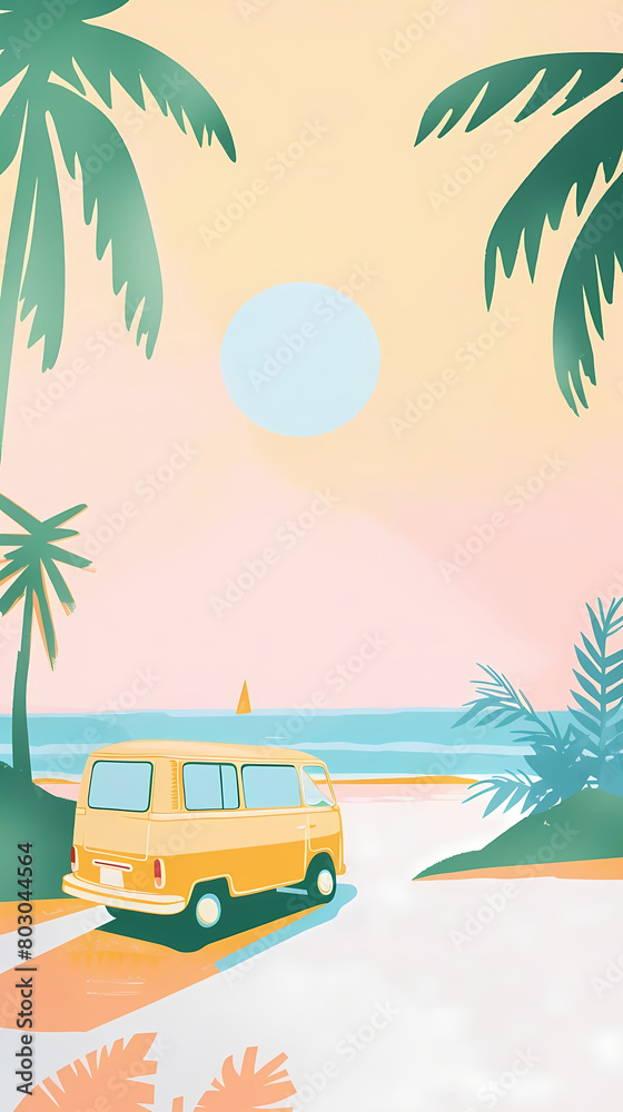 Vector illustration of summer scene:  Bus Car arriving at beach with waves and palm trees in pink pastel colors, flat, minimalistic