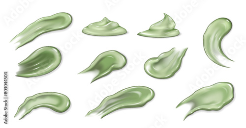 Green cream smear set. Natural moisturizing gel for skin care. Realistic 3D texture cosmetic spot milk or sunscreen texture. Vector illustration smooth drop moisturizer for body, facial moisturing
