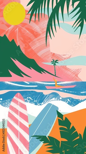 Vector illustration of summer scene: Surfboards on the beach with waves and palm trees in pink pastel colors, flat, minimalistic