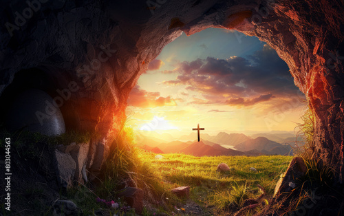 holy saturday,The empty tomb of Jesus Christ with the cross outside at sunrise,