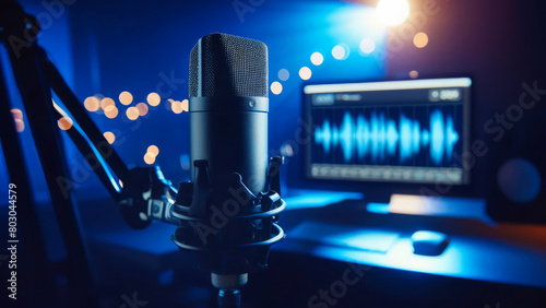 Sleek studio microphone with bokeh lights and audio waveforms on a monitor in a dark blue-lit professional recording studio. photo