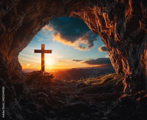 holy saturday,The empty tomb of Jesus Christ with the cross outside at sunrise,