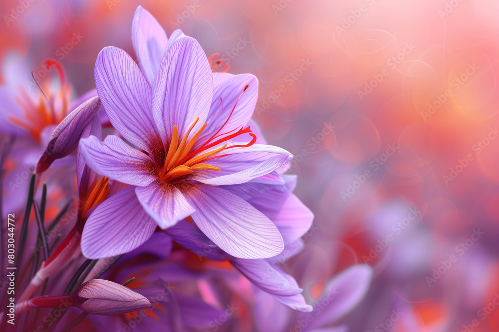 During harvest time, saffron sativus is in bloom with deep red stigmas AI Generative