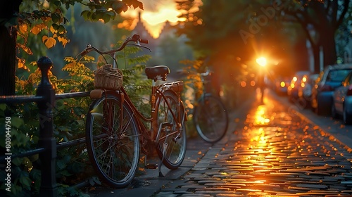 Golden Hour Reflections: Bicycle in the Urban Sunset Glow © Maquette Pro