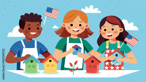 A group of children eagerly assembling miniature birdhouses meticulously painting them in patriotic colors as they honor their countrys independence.. Vector illustration