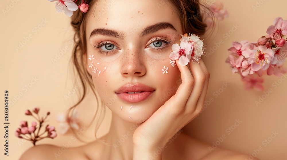 Beautiful woman with clean fresh skin on beige background, flowers around her face, close up shot of beautiful young model touching her cheek and smiling to the camera Beautiful woman with clean fresh skin on beige background, flowers around her face, close up shot of beautiful young model touching her cheek and smiling to the camera