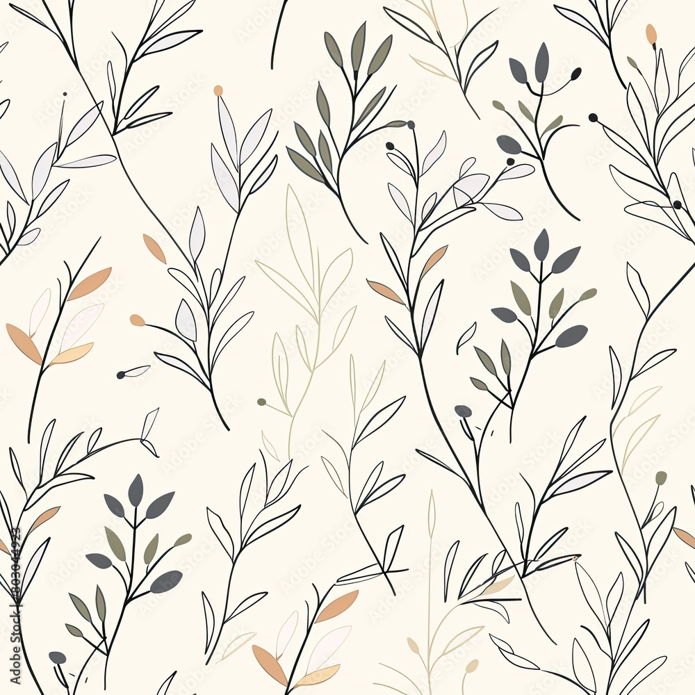 Simple minimalist botanical seamless pattern in line drawing in pastel colors Simple minimalist botanical seamless pattern in line drawing in pastel colors