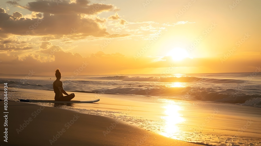 Surfer Seeks Inner Peace through Morning Yoga on Beach at Dawn