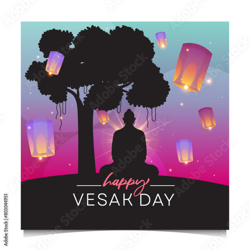 silhouette buddha vector illustration in a lantern lightinig background