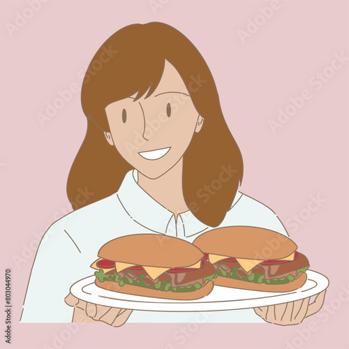 Joyful woman holding appetizing sandwiches with ham, cheese and fresh vegetables served. Waitress holding plate with sandwiches. Hand drawn flat cartoon character vector illustration.