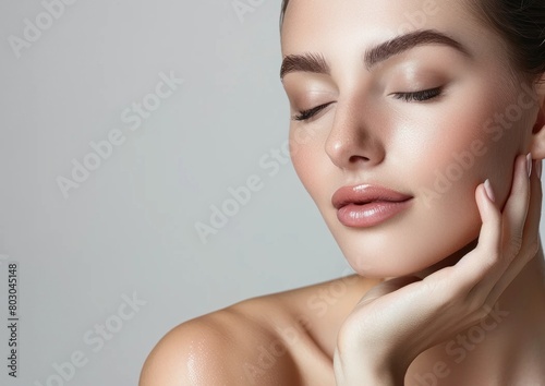 Beautiful woman with clean healthy skin touching her chin on a white background, beauty portrait in the style of a studio shot of a beautiful young model in a spa