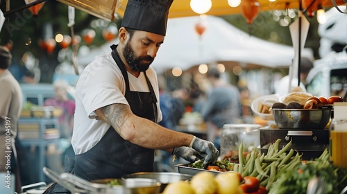 Fototapeta Naklejka Na Ścianę i Meble -  Culinary Magic at Music Fest Chef Crafting Flavors with Passion