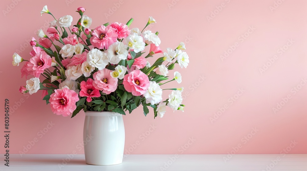 Floral artwork for home decor. A lovely pink and white flower arrangement in a vase sits against a pale pink wall.