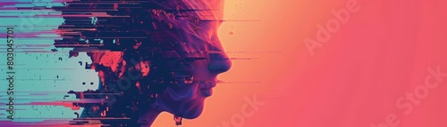 Craft a glitch effect banner that captures attention with its contemporary, techinspired disturbances, Template banner concept with solid color background and copy space