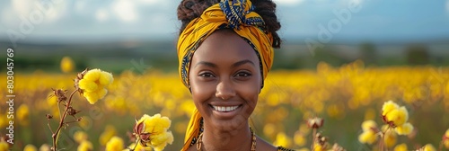 Beautiful dark-skinned African-American woman on cotton field.  photo