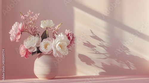 Floral artwork for home decor. A lovely pink and white flower arrangement in a vase sits against a pale pink wall.