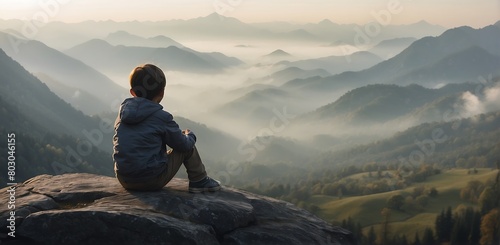 little Boy sitting on a rock and looking at the misty mountains Landscape. Mental health concept photo