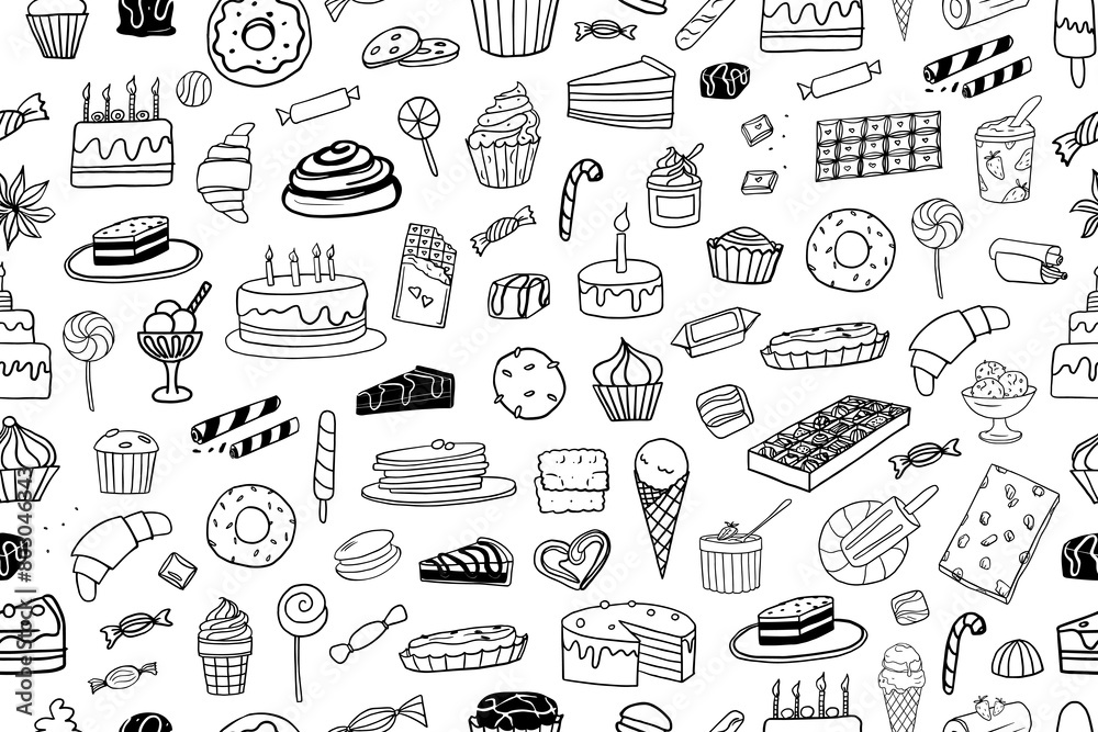 Seamless pattern of delicious. Bakery. Cake with candles, cupcake, donut, chocolate, pice of cake, muffin, candy, cinnabon, ice-cream. Great for menu design, party, birthday, children's holiday.