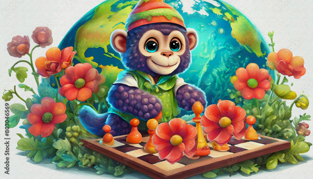 oil painting style CARTOON CHARACTER CUTE baby gorilla game of chess . 