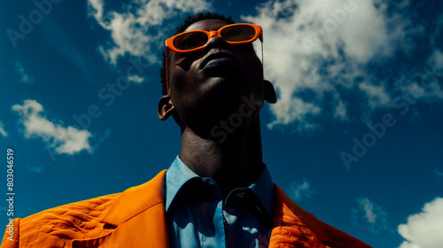 Young stylish black man model wearing sunglasses and posing for edgy and modern fashion editorial against the sky. Conceptual photo. Haute couture contemporary trends
