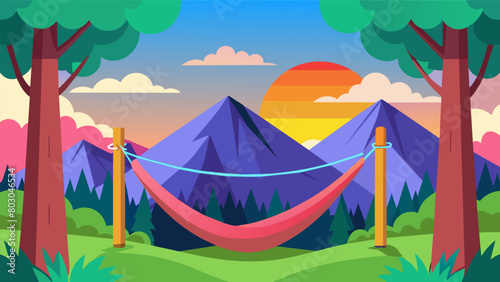 A serene view of a mountain landscape where a colorful hammock is suspended between two tall trees serving as the perfect spot for a tired traveler to.