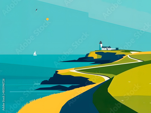 Coastal landscape with cliffs and lighthouse photo