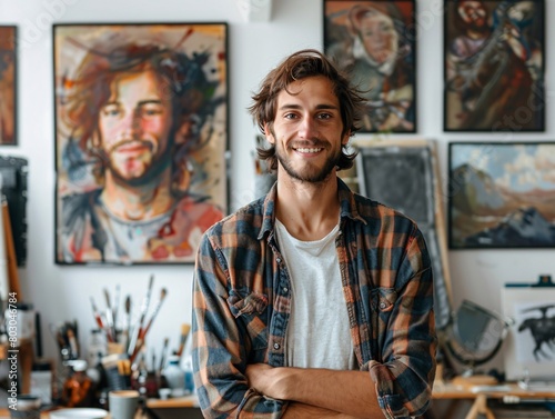 A man is sitting in front of a painting and smiling