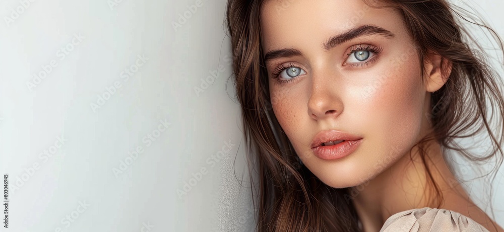 Naklejka premium Beautiful woman with long brown hair and blue eyes, wearing beige dress posing for portrait on white background, close up shot, looking at camera, skin care concept