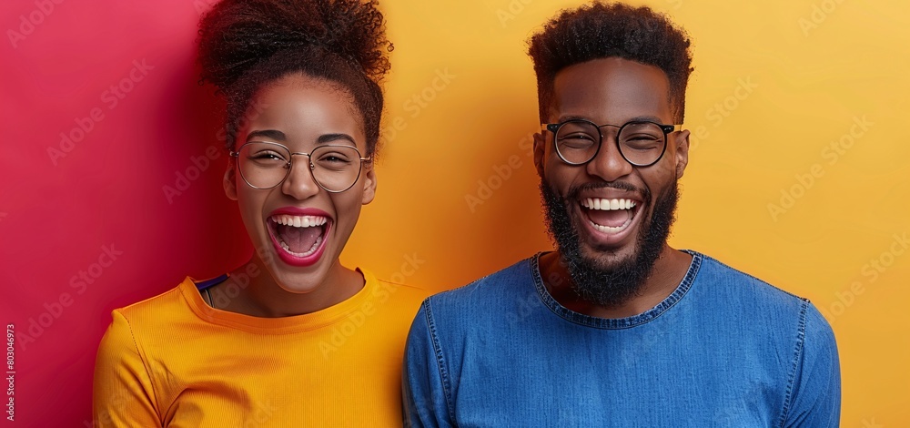 Radiant Joy: Young Couple Laughing Together, Vibrant Colorful Background