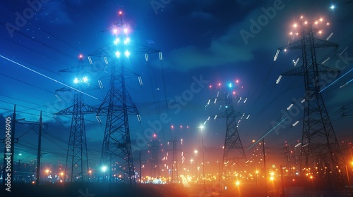 High-voltage towers with bright wires shining in the night sky. They represent the power and energy we use.