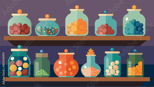 A shelf filled with glass jars of different sizes each containing a variety of thrifted beads and baubles just waiting to be incorporated into a. Vector illustration