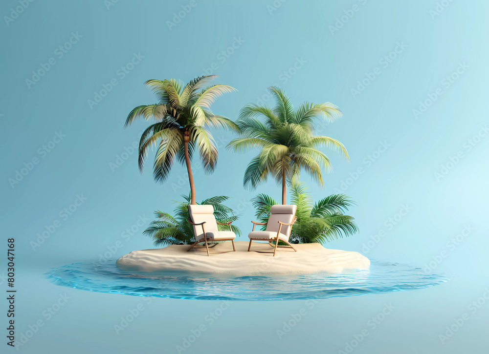 3d rendered isometric small island beach with arm chair and palm trees.vacation concept.