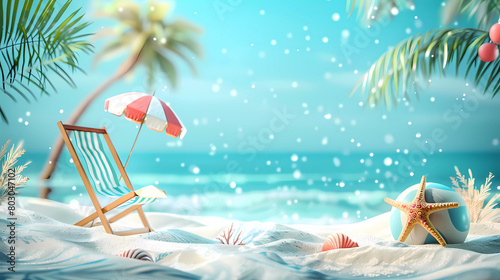 3d rendered beach with ball ,starfish and sea background .island vacation concept.summer sale concept.