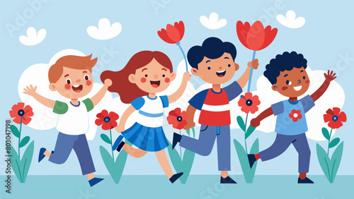 A group of children run through the garden their arms filled with bouquets of red poppies white snapdragons and blue irises as they playfully. Vector illustration