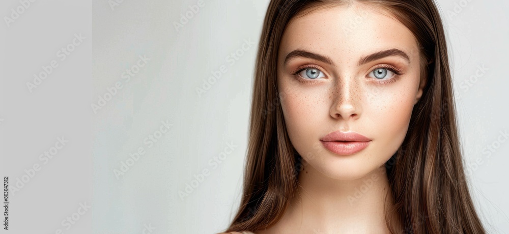 Beautiful woman with long brown hair and blue eyes, wearing beige dress posing for portrait on white background, close up shot, looking at camera, skin care concept Beautiful woman with long brown hair and blue eyes, wearing beige dress posing for portrait on white background, close up shot, looking at camera, skin care concept
