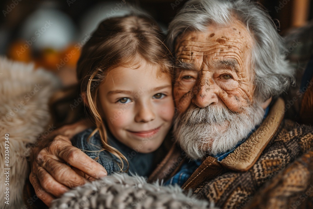 Tender Moment Between Grandfather and Granddaughter, Generational Bond, Warm Embrace Tender Moment Between Grandfather and Granddaughter, Generational Bond, Warm Embrace