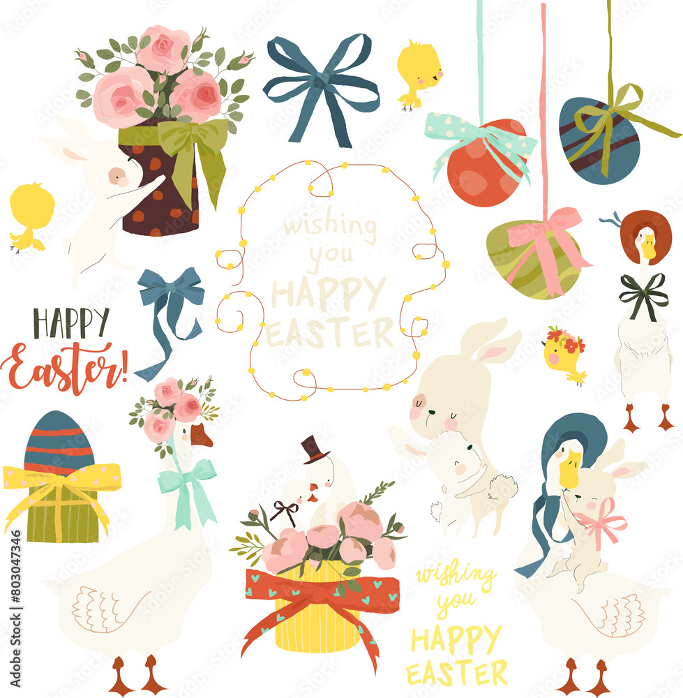 Vector Easter Set with Cute White Bunnies, Gooses and Easter Eggs Vector Easter Set with Cute White Bunnies, Gooses and Easter Eggs