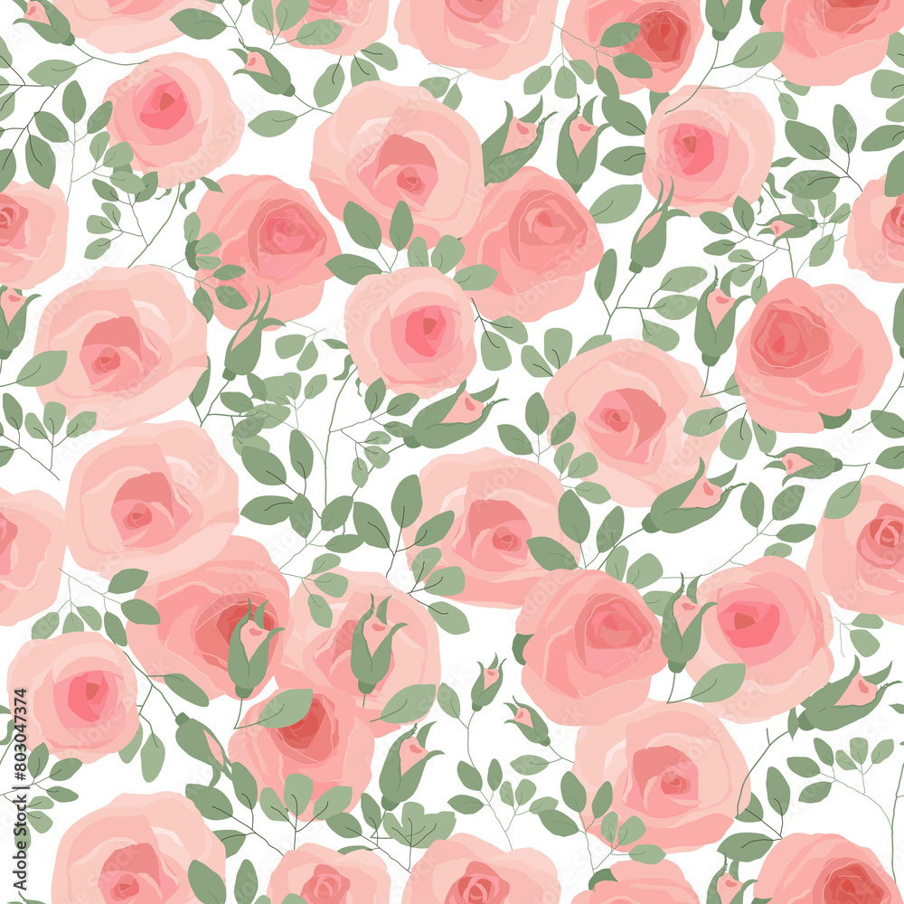 Vector Seamless Pattern with Pink Roses on Blue Background Vector Seamless Pattern with Pink Roses on Blue Background