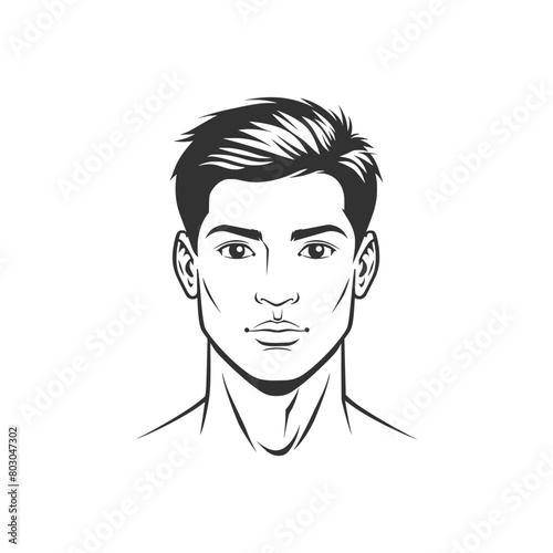 A detailed black and white illustration depicts a young man’s face in a front view. The illustration captures his hair, facial features, and expression with intricate lines and shading.  AI Generated.