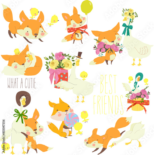 Vector Cartoon Set with Cute Foxes and Gooses