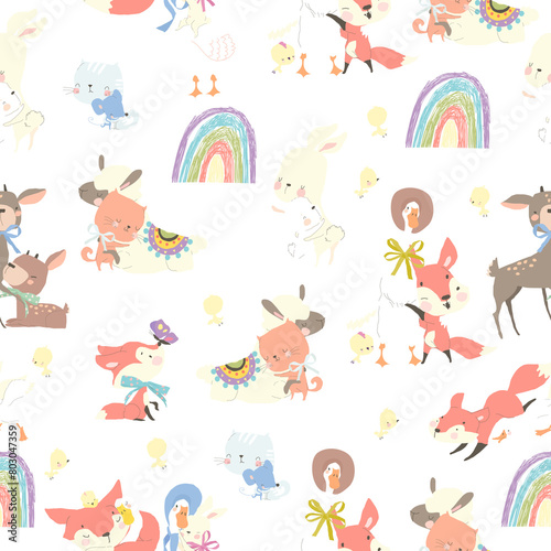 Vector Seamless Pattern with Cute Animals hugging Friends