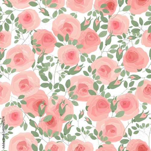 Vector Seamless Pattern with Pink Roses on Blue Background