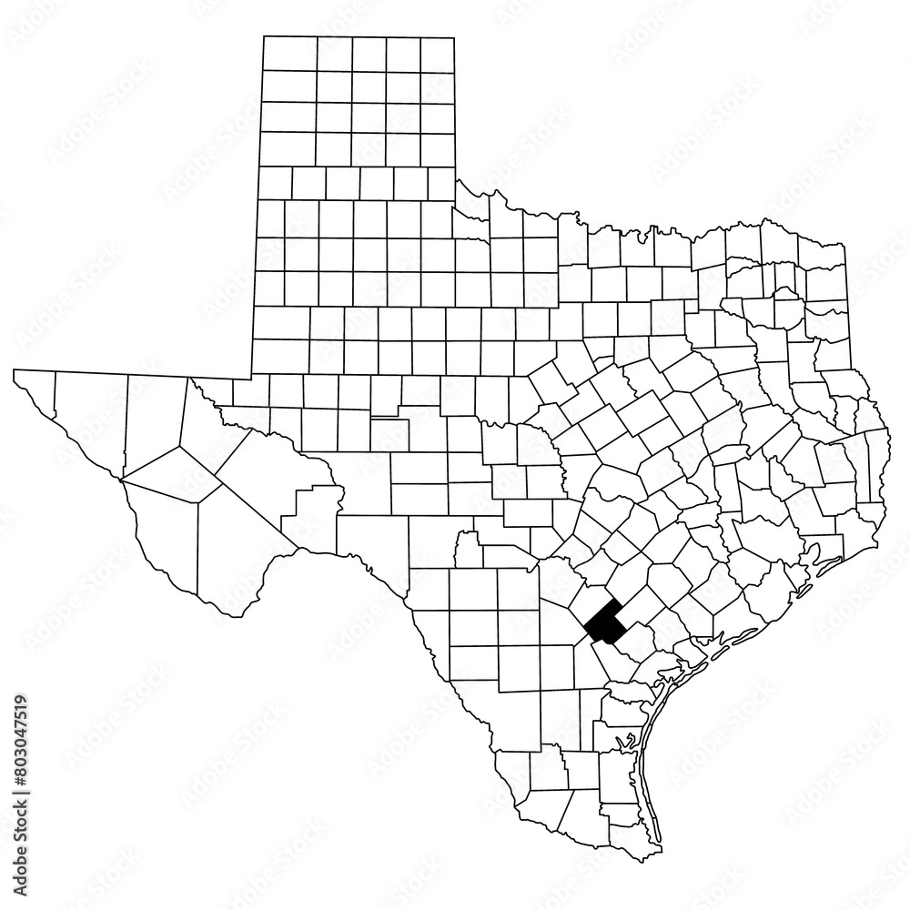 Map of karnes County in Texas state on white background. single County map highlighted by black colour on Texas map. UNITED STATES, US