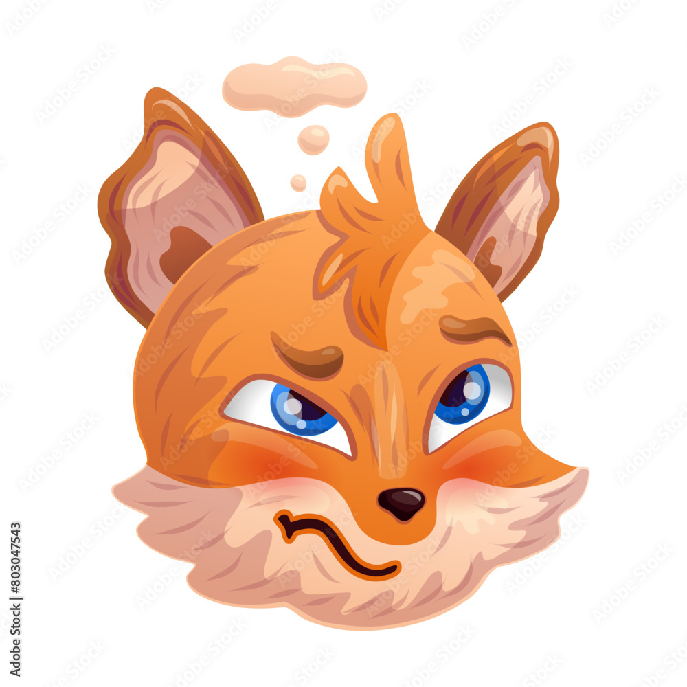 Thinking cartoon fox. Anthropomorphic face. Vector illustration.