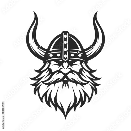 Detailed Black and White Viking Warrior Logo With Horned Helmet and Fierce Expression. AI Generated.